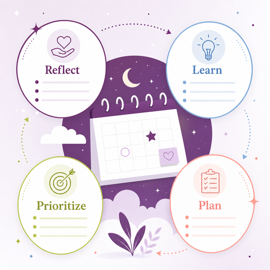 Illustrative overview of monthly review areas for reflecting, learning, prioritizing, and planning.