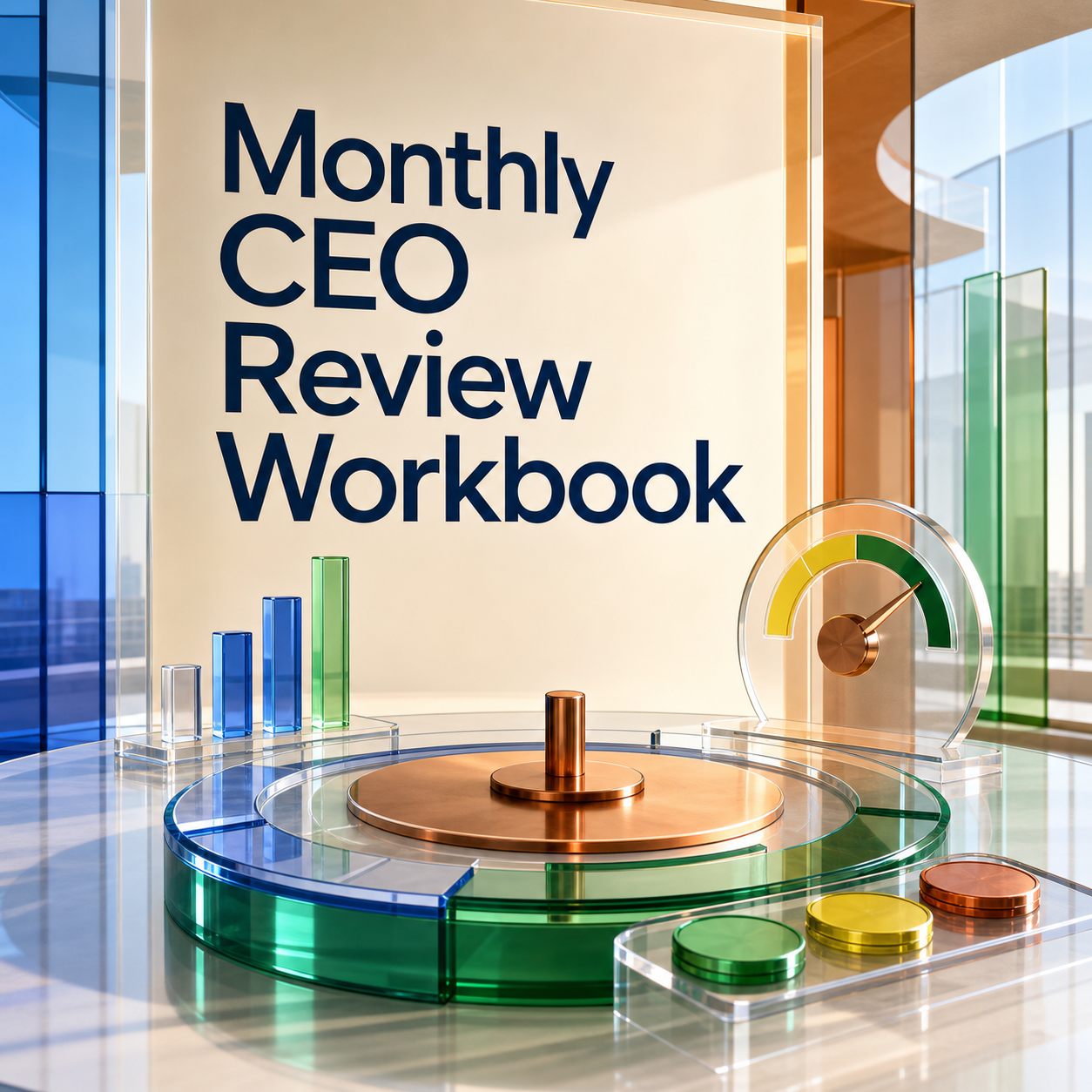 Monthly CEO Review Workbook for reviewing business evidence, executive decisions, risks, and priorities.