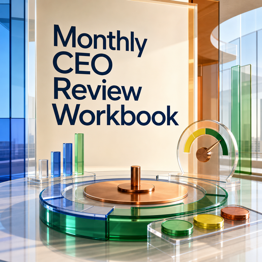 Monthly CEO Review Workbook for reviewing business evidence, executive decisions, risks, and priorities.