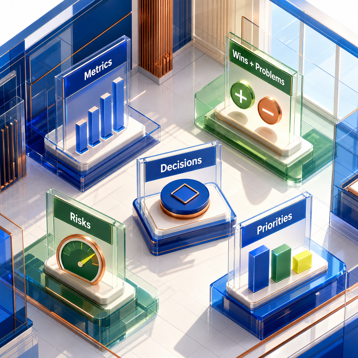 Illustrative overview of monthly CEO review areas covering metrics, wins and problems, decisions, risks, and priorities.