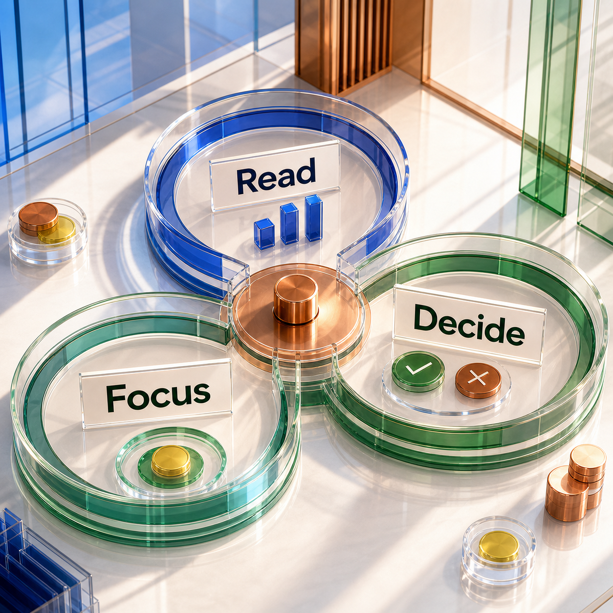 Executive review framework showing how monthly evidence becomes decisions, owned risks, and focused priorities.