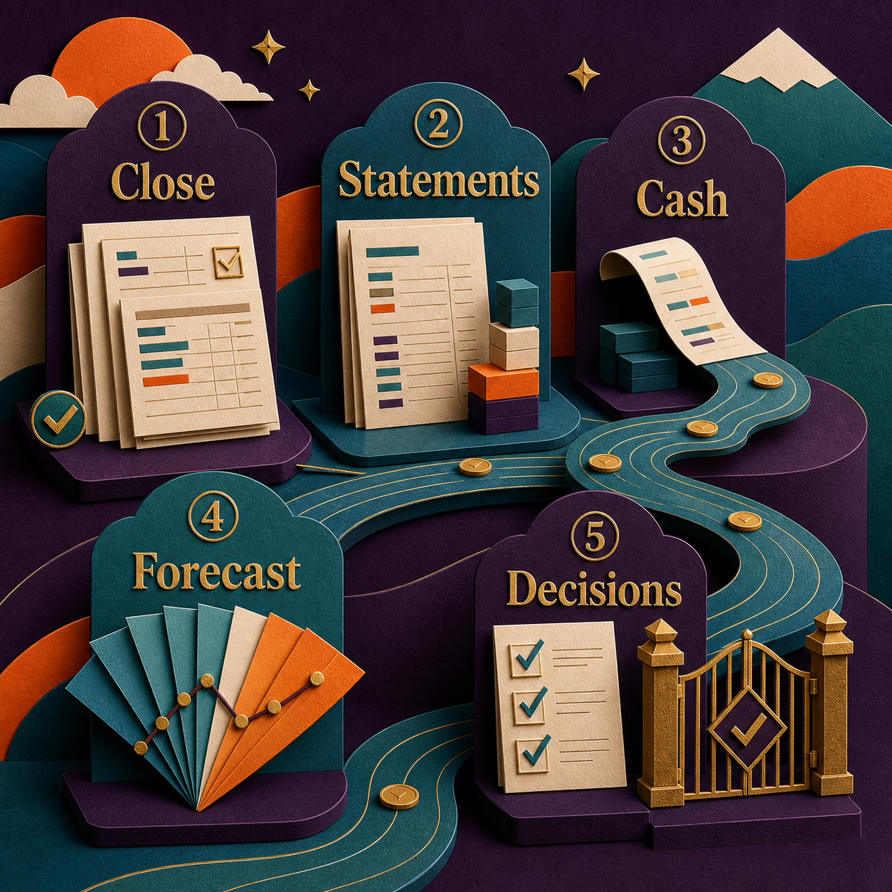 CFO monthly review workflow covering close, statements, cash, forecast, and decisions.
