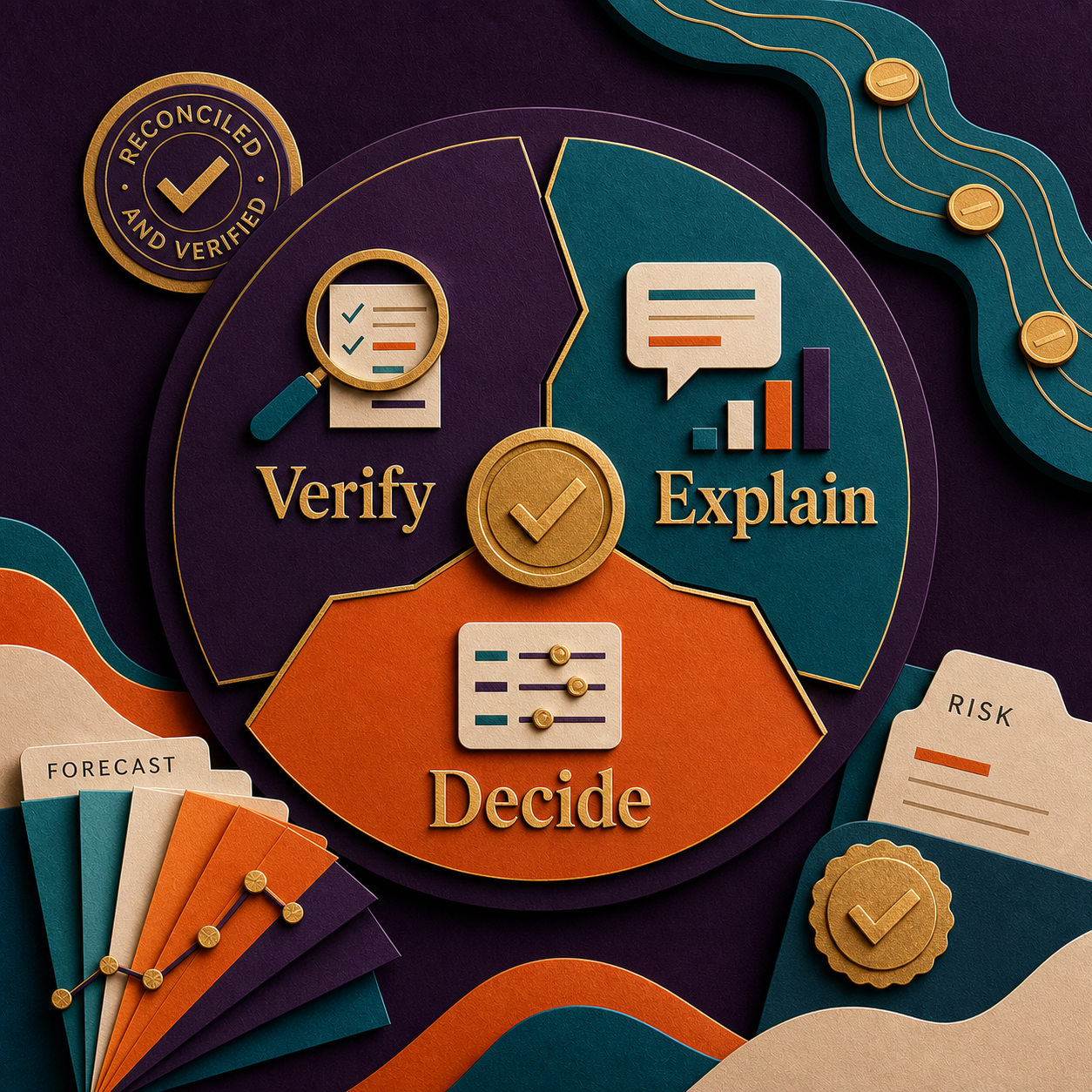 CFO review framework showing verified finance records becoming explanations and controlled decisions.