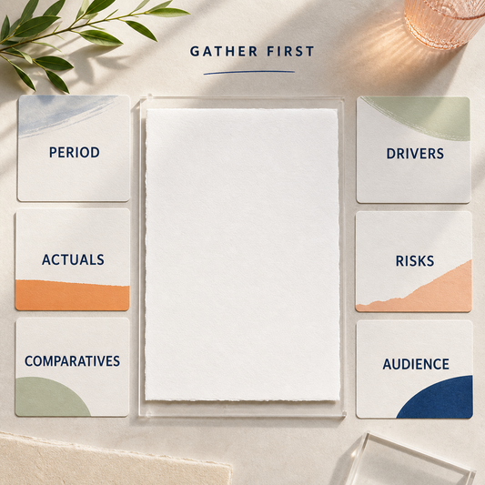 Monthly commentary generator input fields for period actuals comparatives drivers risks and audience