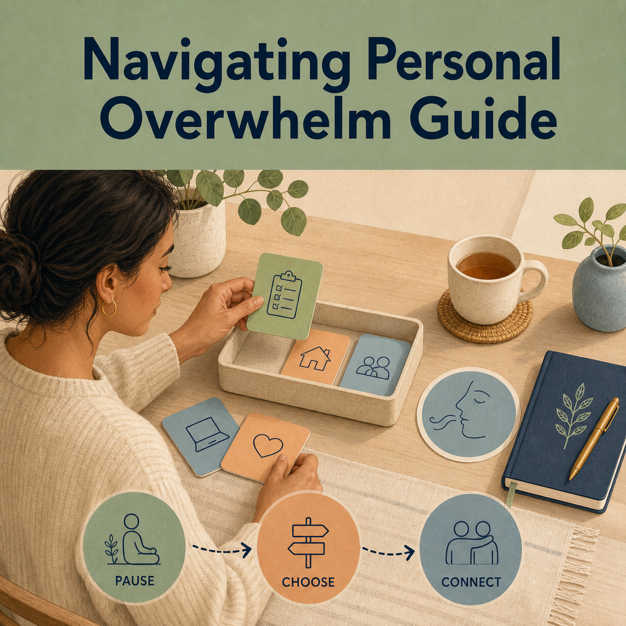 Calm overwhelm-navigation scene with task cards, a reflection journal, breathing symbol, and a pause-to-choose-to-connect path.