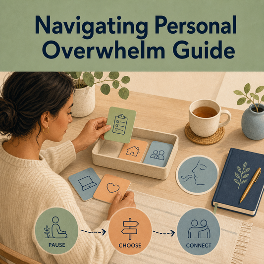Calm overwhelm-navigation scene with task cards, a reflection journal, breathing symbol, and a pause-to-choose-to-connect path.