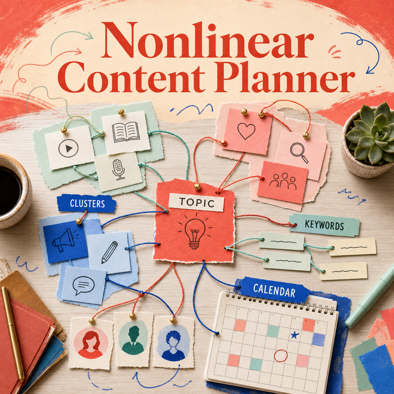 Nonlinear Content Planner cover showing a connected topic map with clusters, keywords, audience ideas, and a content calendar.