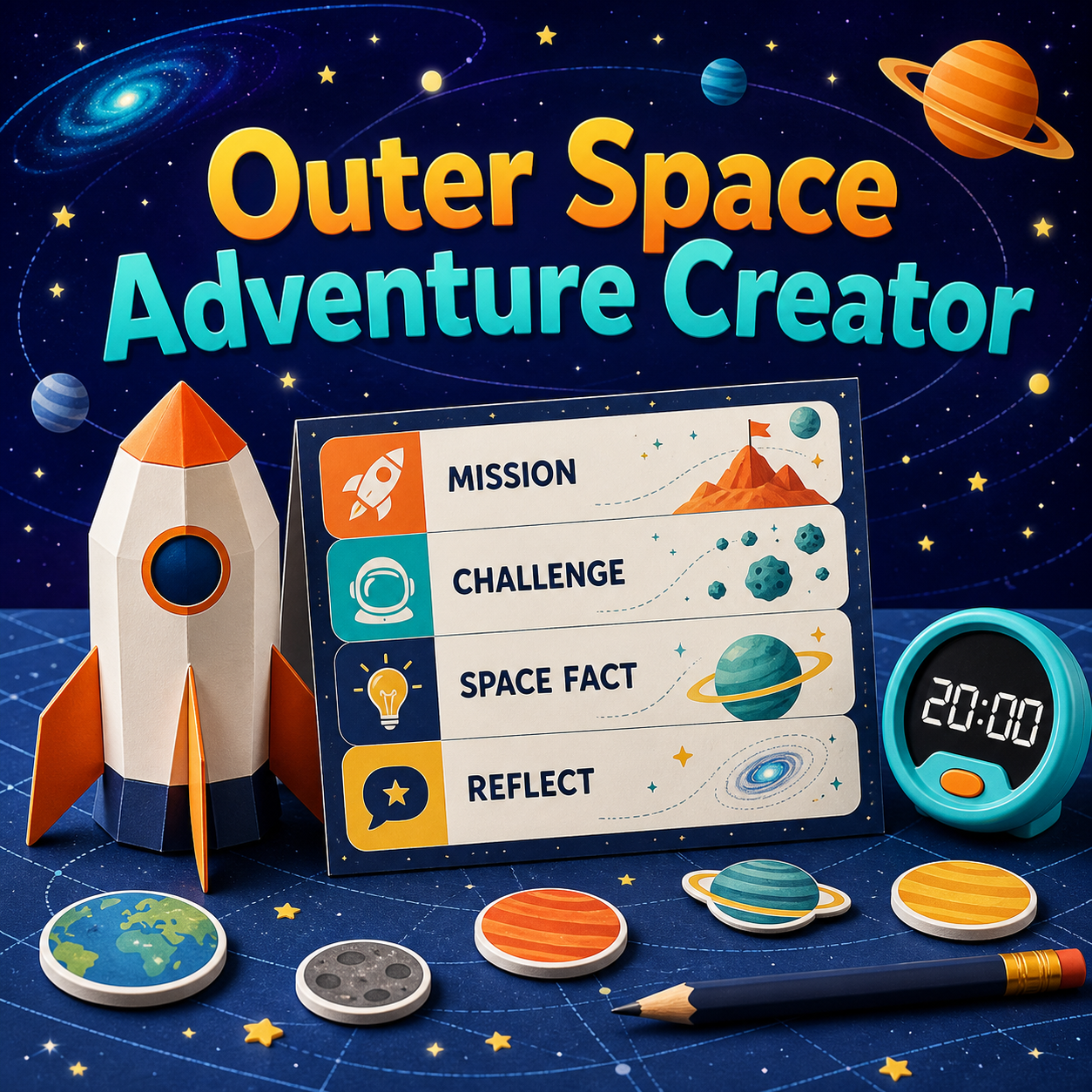 Outer Space Adventure Creator cover showing a structured mission kit with challenges, space facts, and reflection.