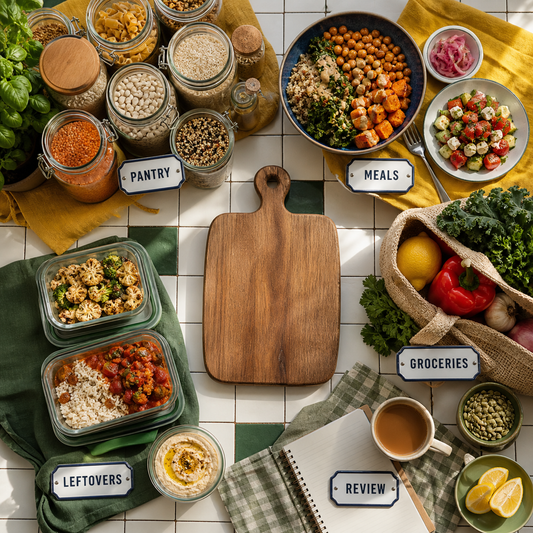 Pantry-First Meal Planner contents covering pantry, meals, groceries, leftovers, and review