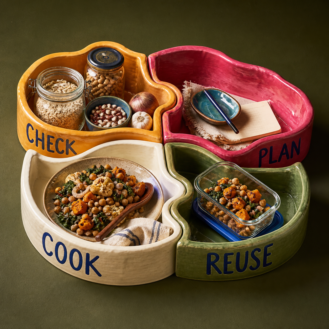 Pantry-First Meal Planner process to check, plan, cook, and reuse food