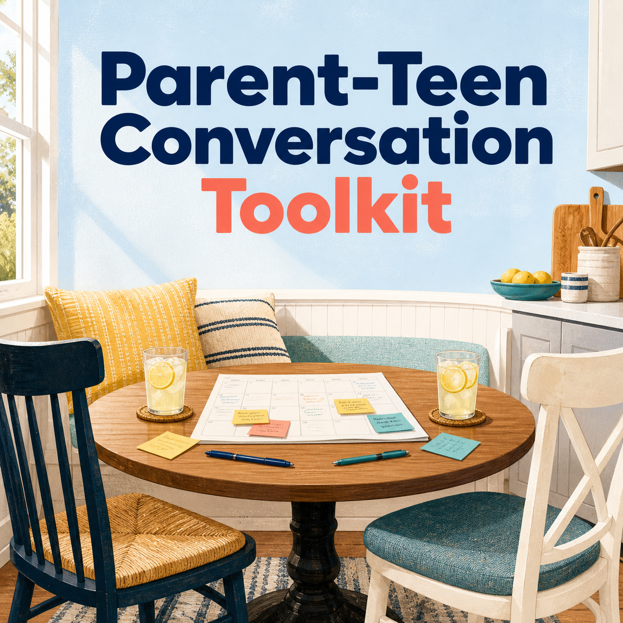 Parent-Teen Conversation Toolkit cover with two seats and a shared household planning table