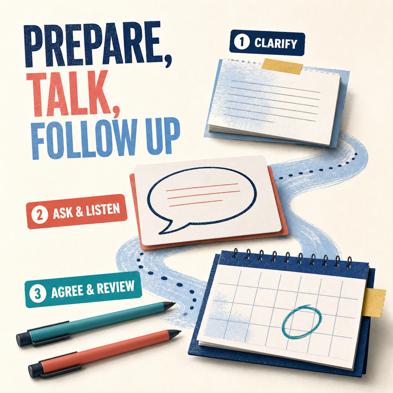 Parent-teen conversation method showing clarify, ask and listen, agree, and review