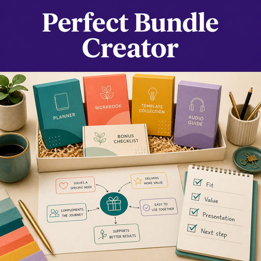 Illustrative bundle-planning workspace showing complementary products, shared value, thoughtful presentation, and a fit checklist.
