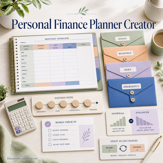 Personal Finance Planner Creator cover showing a monthly ledger, Goals/Monthly/Debt/Emergency envelopes, savings path, weekly check-in, Snowball/Avalanche comparison, and adjustment plan.