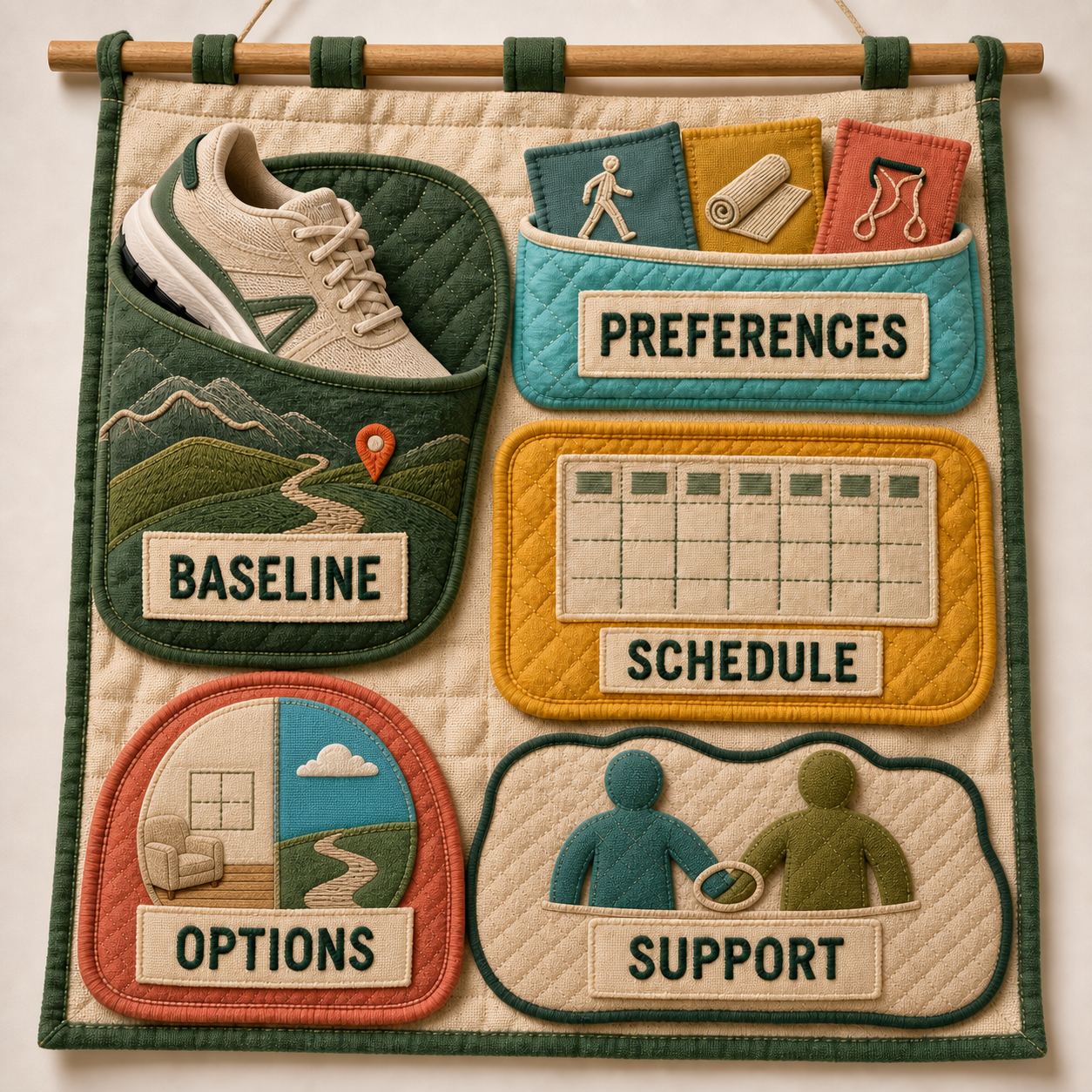 Personal Fitness & Healthy Habit Generator overview of baseline, preferences, schedule, options, and support