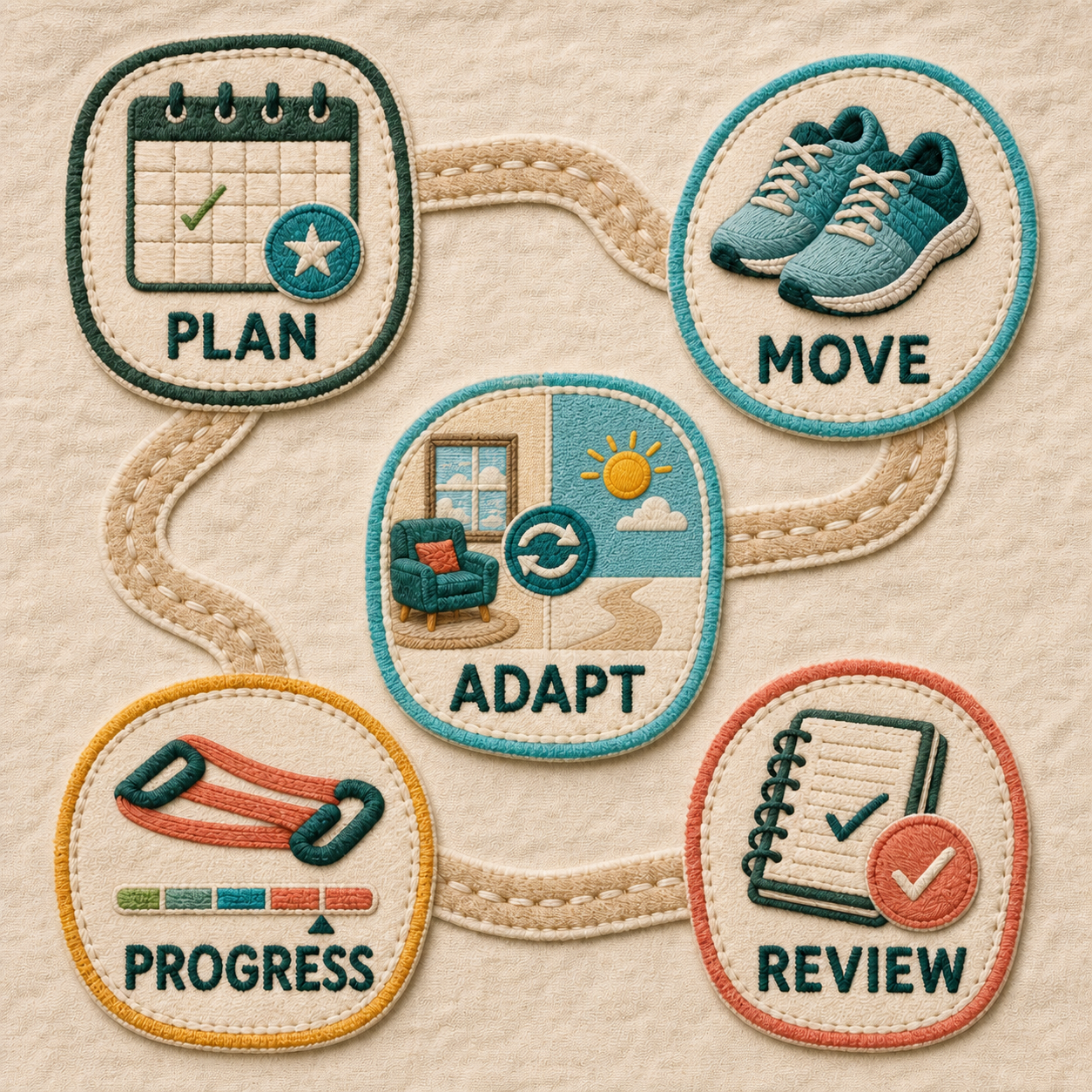 Personal Fitness & Healthy Habit Generator plan, move, adapt, progress, and review method