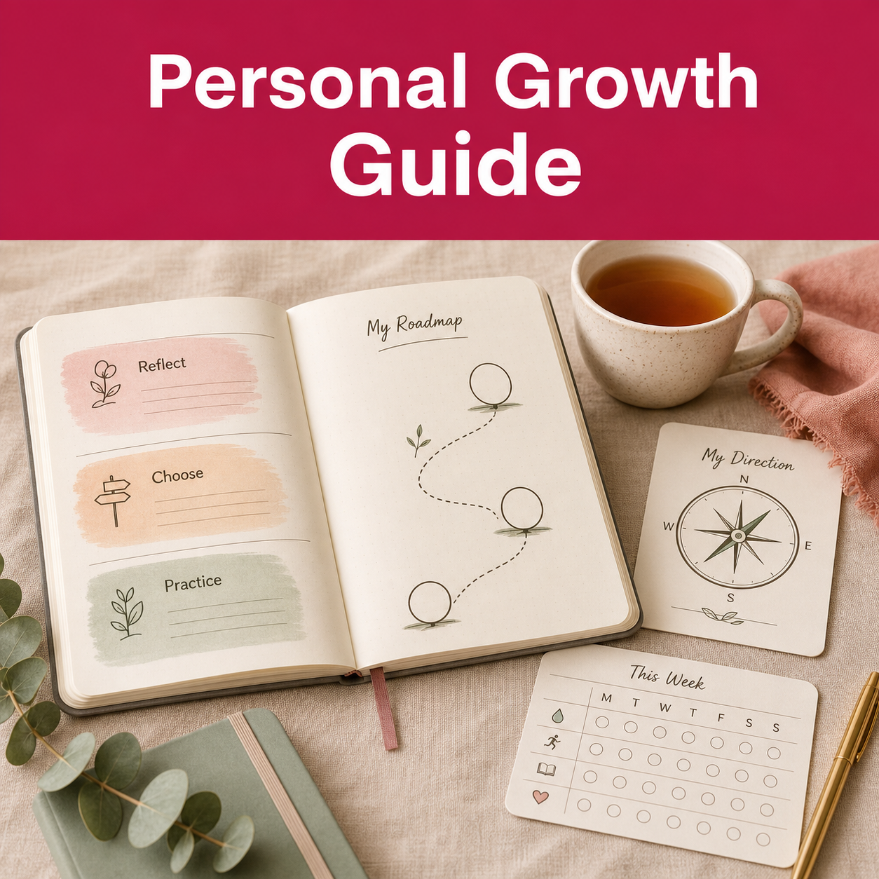 Personal growth guide for reflecting on goals, choosing direction, building practices, and tracking practical next steps.