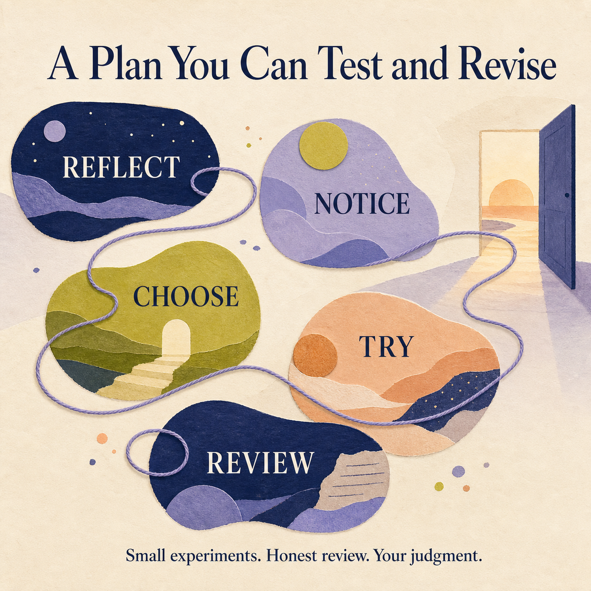 Personal Growth & Self-Discovery Generator reflect, notice, choose, try, and review method