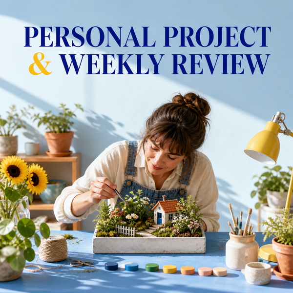 Personal Project and Weekly Review cover showing a creative project being tended with a gentle weekly rhythm.