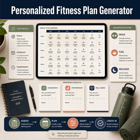 Personalized fitness planning workspace with goals, schedule, constraints, six-week routine, move-fuel-recover balance, progress check-ins, and educational disclaimer.