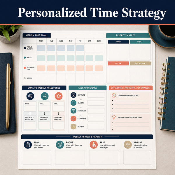 Personalized time planning workbook with weekly focus blocks, breaks, personal time, priority matrix, goal milestones, task workflow, distraction strategies, and weekly review.