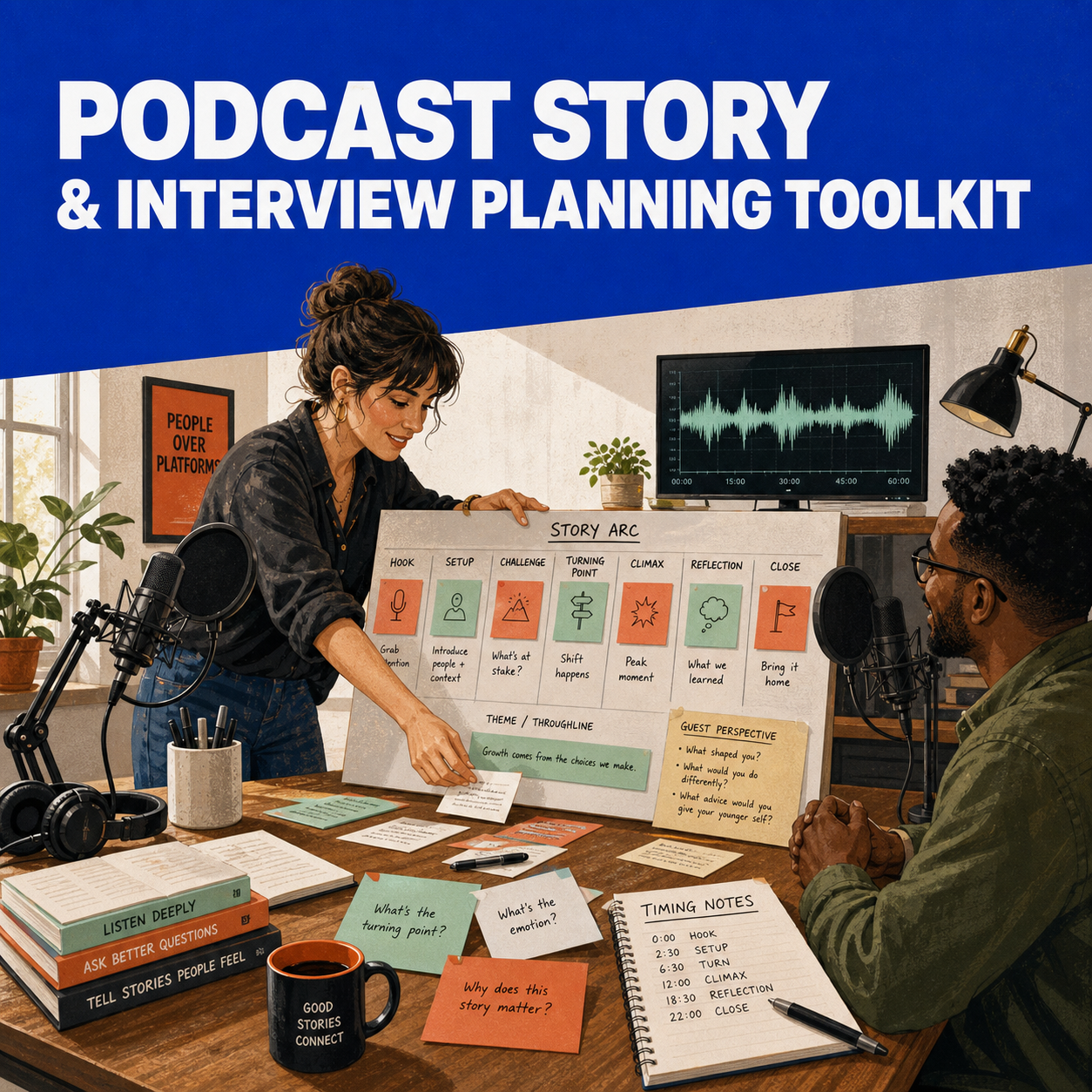 Podcast Story and Interview Planning Toolkit cover showing a host planning an episode with a guest