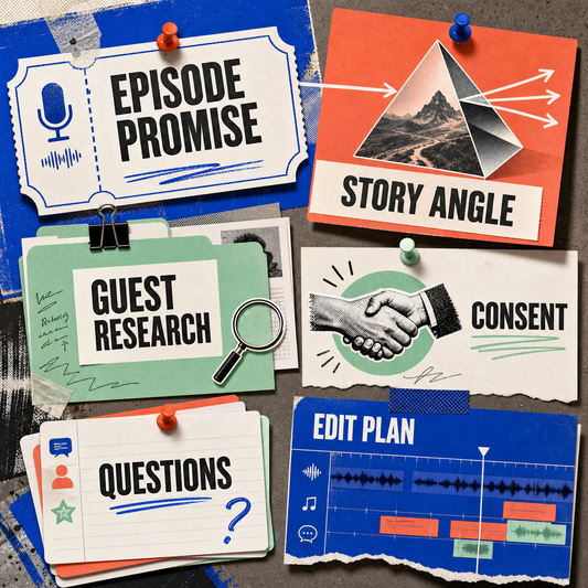 Podcast planning areas for episode promise, story angle, guest research, consent, questions, and edit plan