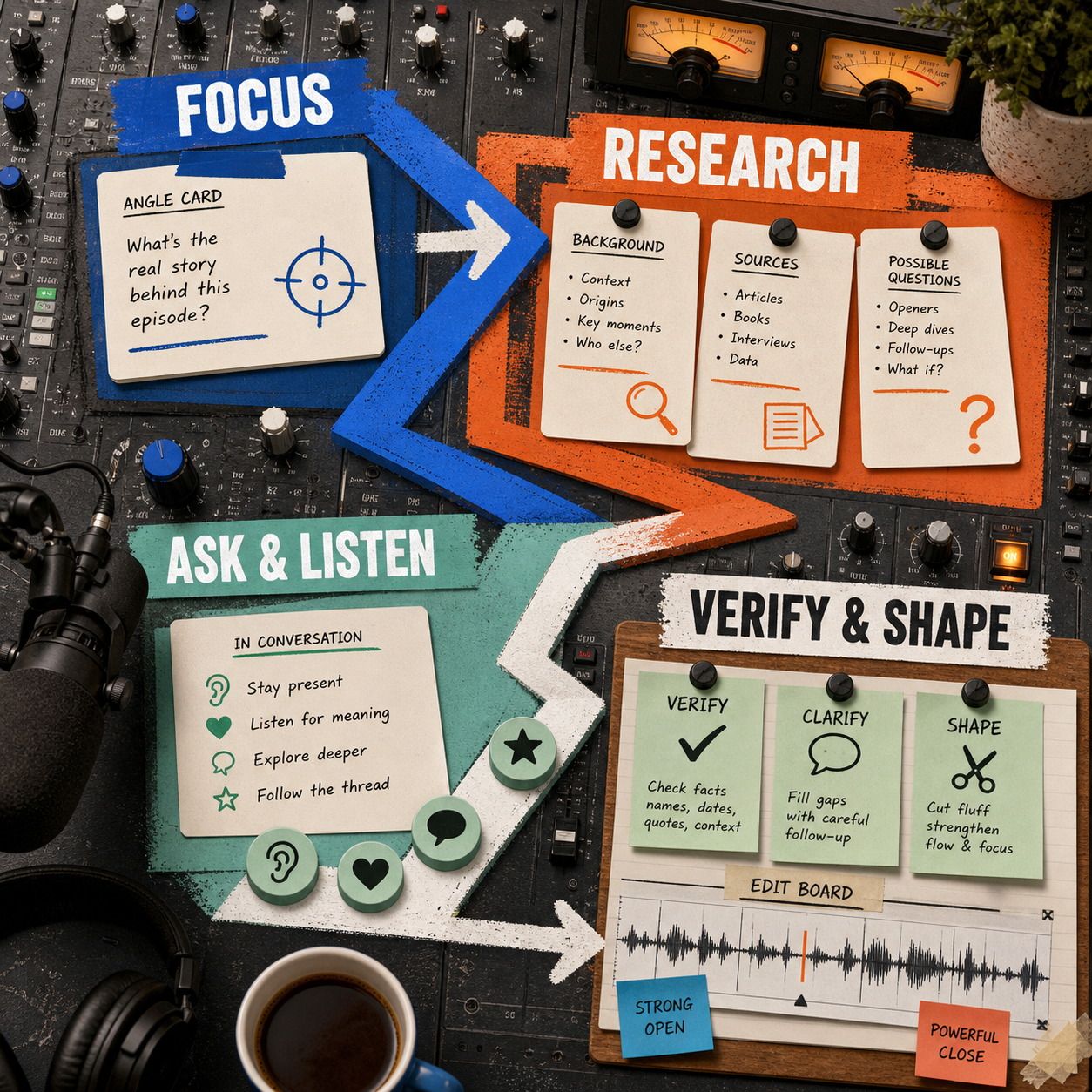 Podcast interview method showing focus, research, ask and listen, then verify and shape