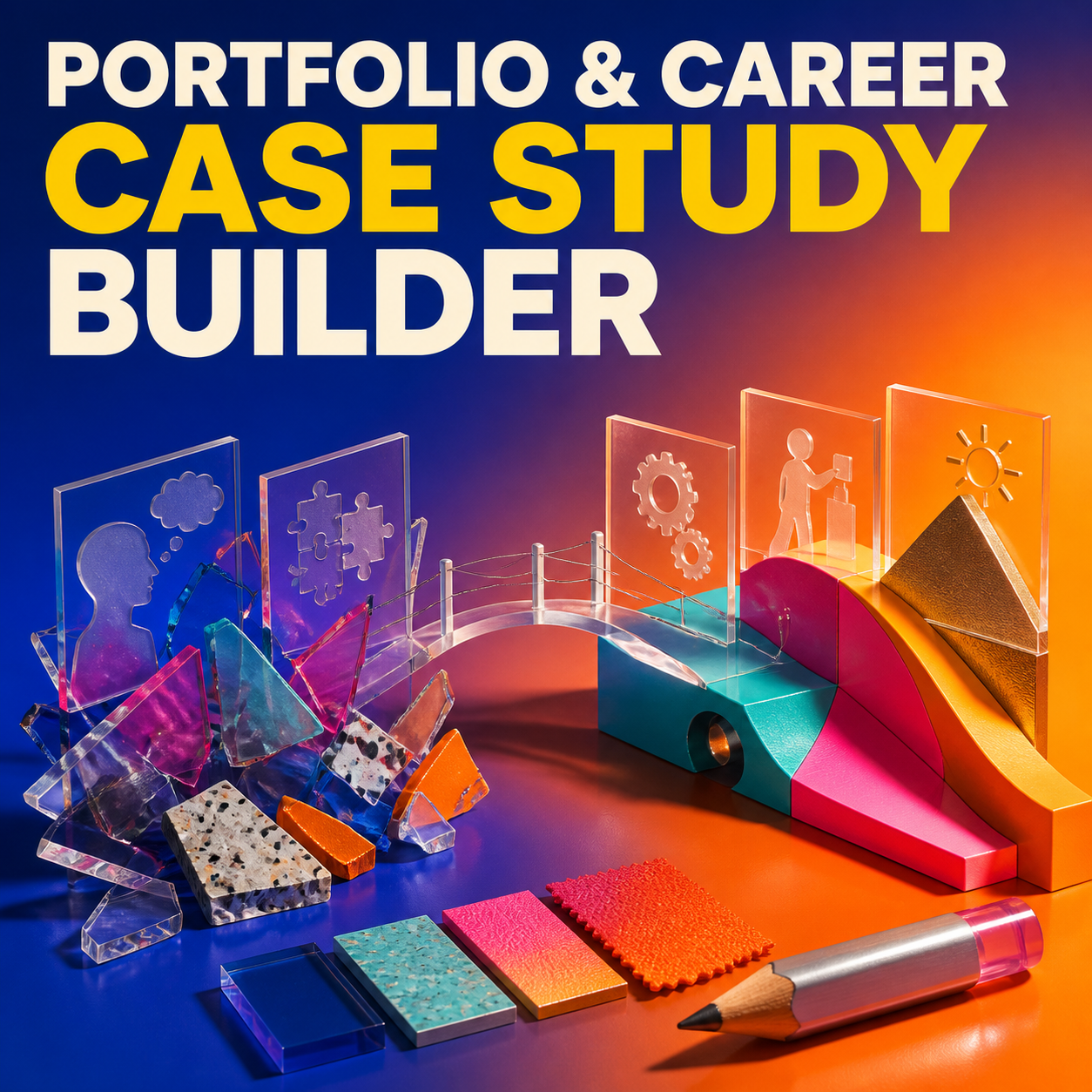 Portfolio and Career Case Study Builder cover showing a colorful transformation from rough project evidence to a polished case-study story