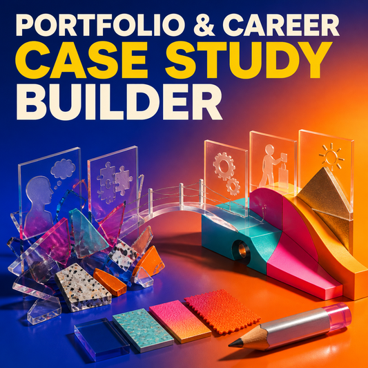 Portfolio and Career Case Study Builder cover showing a colorful transformation from rough project evidence to a polished case-study story
