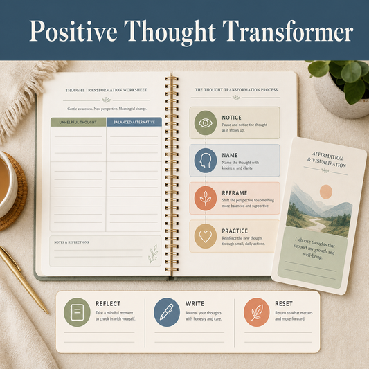 Positive thought reframing workbook with notice, name, reframe, practice, reflection, and balanced-alternative worksheets.