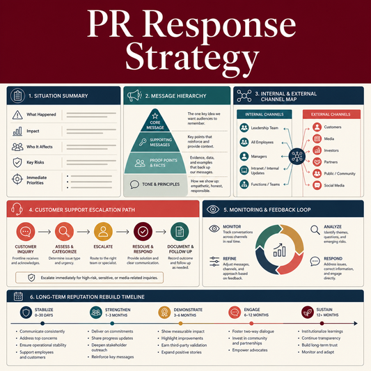 Illustrative PR response planning board showing situation summary, message hierarchy, channel coordination, escalation, monitoring, and reputation rebuilding.