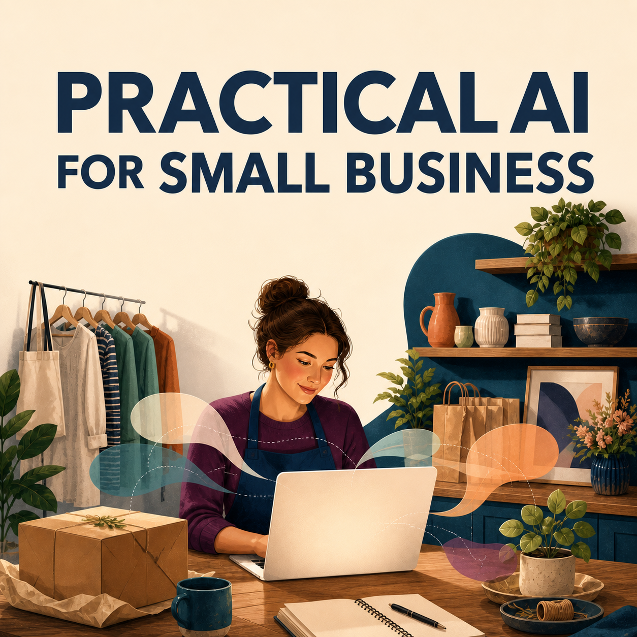 Practical AI for Small Business beginner's guide cover showing a shop owner using a laptop in her business.