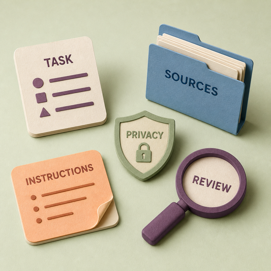 Illustrative overview of the guide's task, sources, privacy, instructions, and review topics.