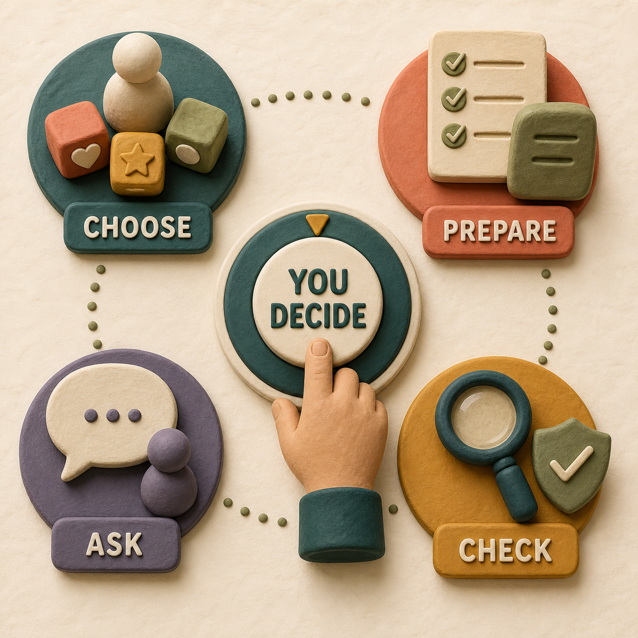 Beginner AI workflow showing choose, prepare, ask, check, and human approval.