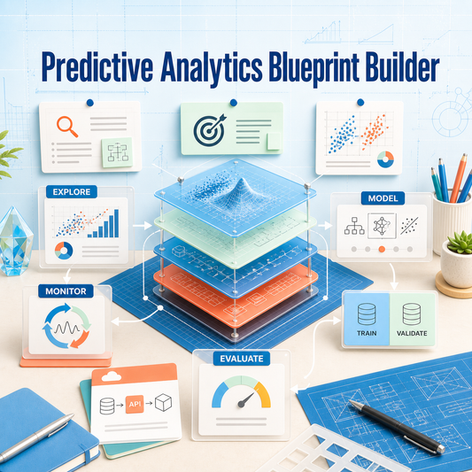 Predictive Analytics Blueprint Builder cover showing exploration, model planning, train and validate, evaluation, deployment, and monitoring.