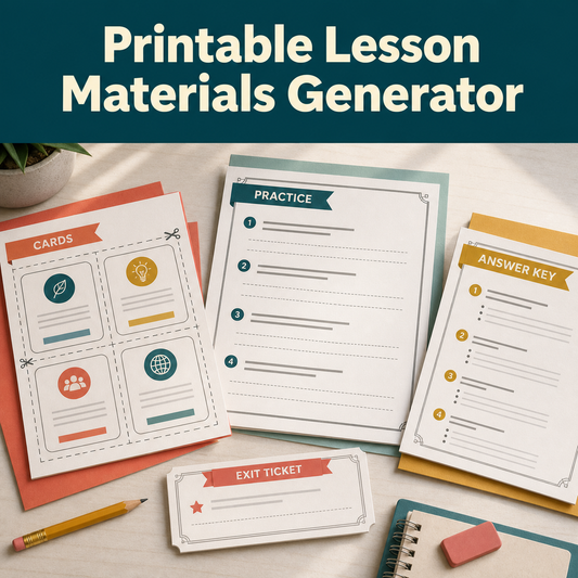Printable Lesson Materials Generator for creating classroom-ready cards, practice pages, exit tickets, and teacher guidance
