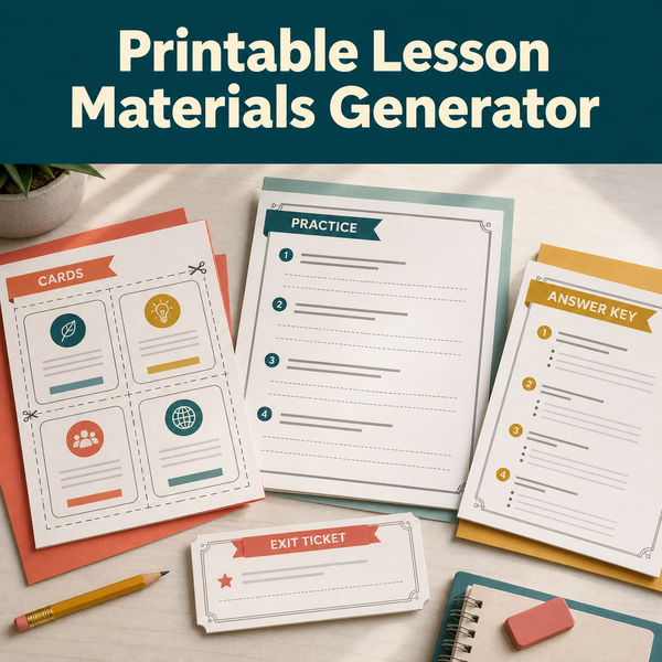 Printable Lesson Materials Generator for creating classroom-ready cards, practice pages, exit tickets, and teacher guidance