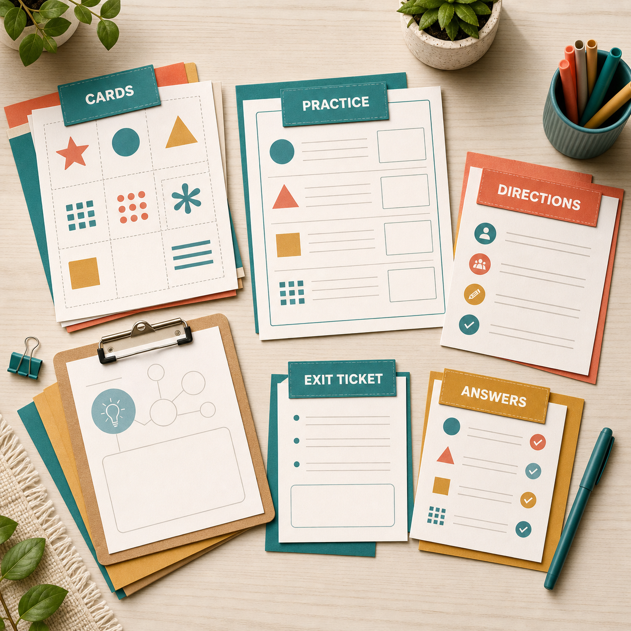 Printable Lesson Materials Generator overview of cards, practice, directions, exit tickets, and answer guidance