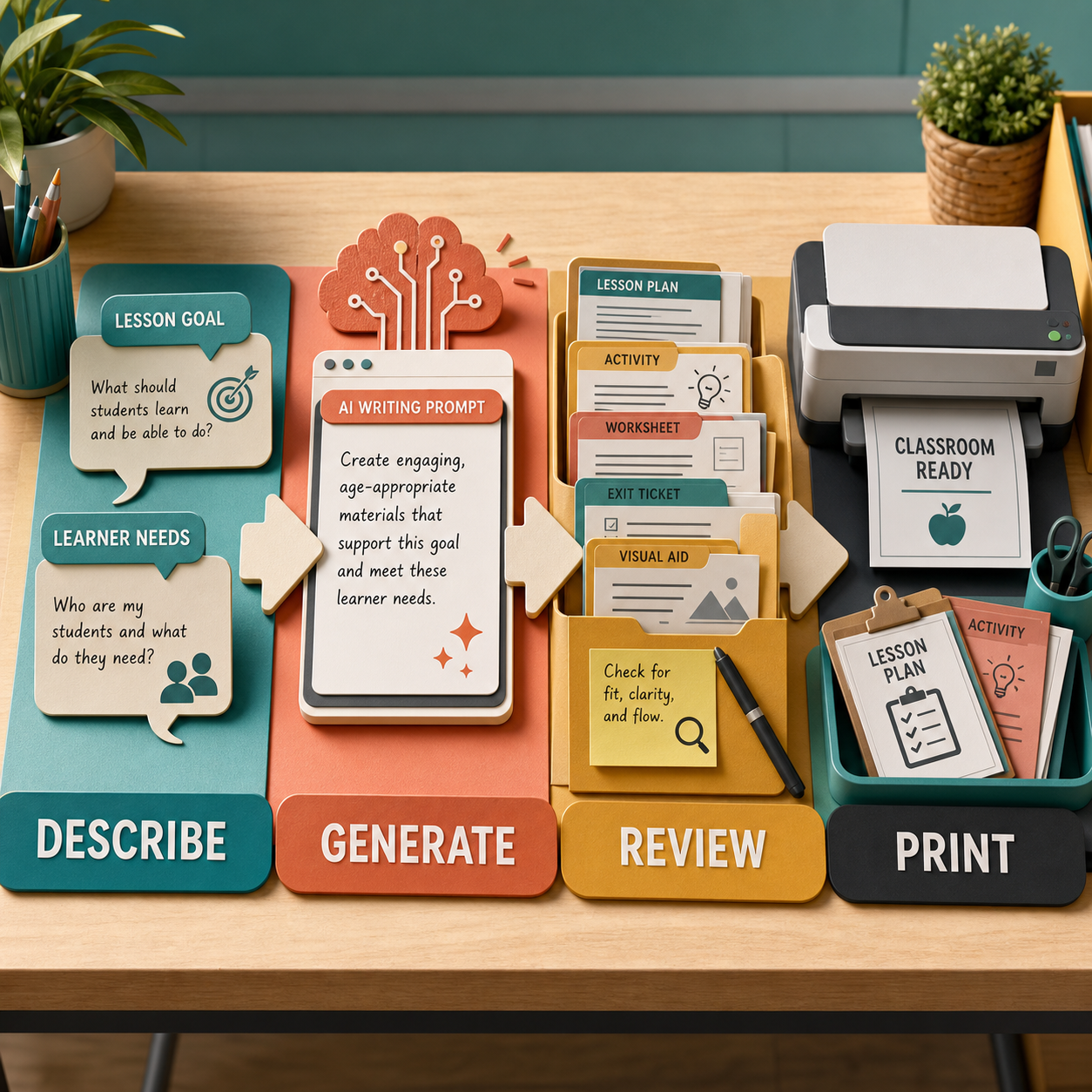 Printable Lesson Materials Generator workflow from lesson details through generation, review, and printing