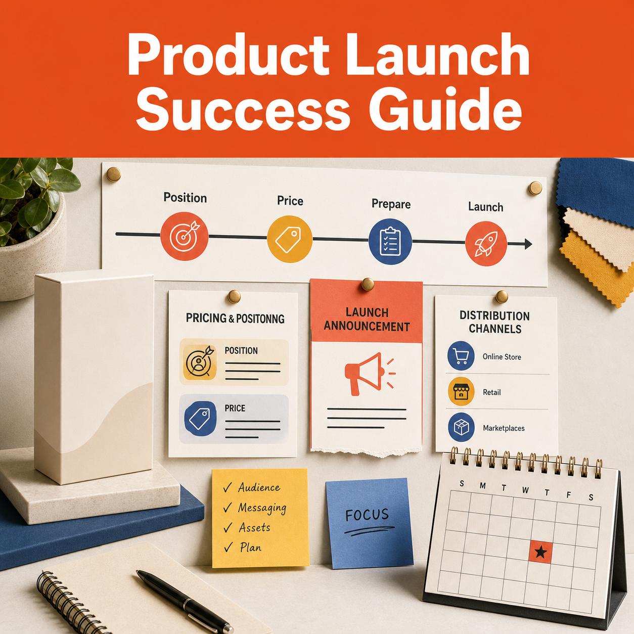 Product launch planning guide for organizing positioning, pricing, preparation, announcement, distribution, and launch timing.