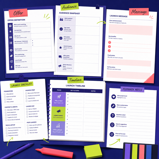 Launch workbook pages for defining an offer, audience, message, and timeline.