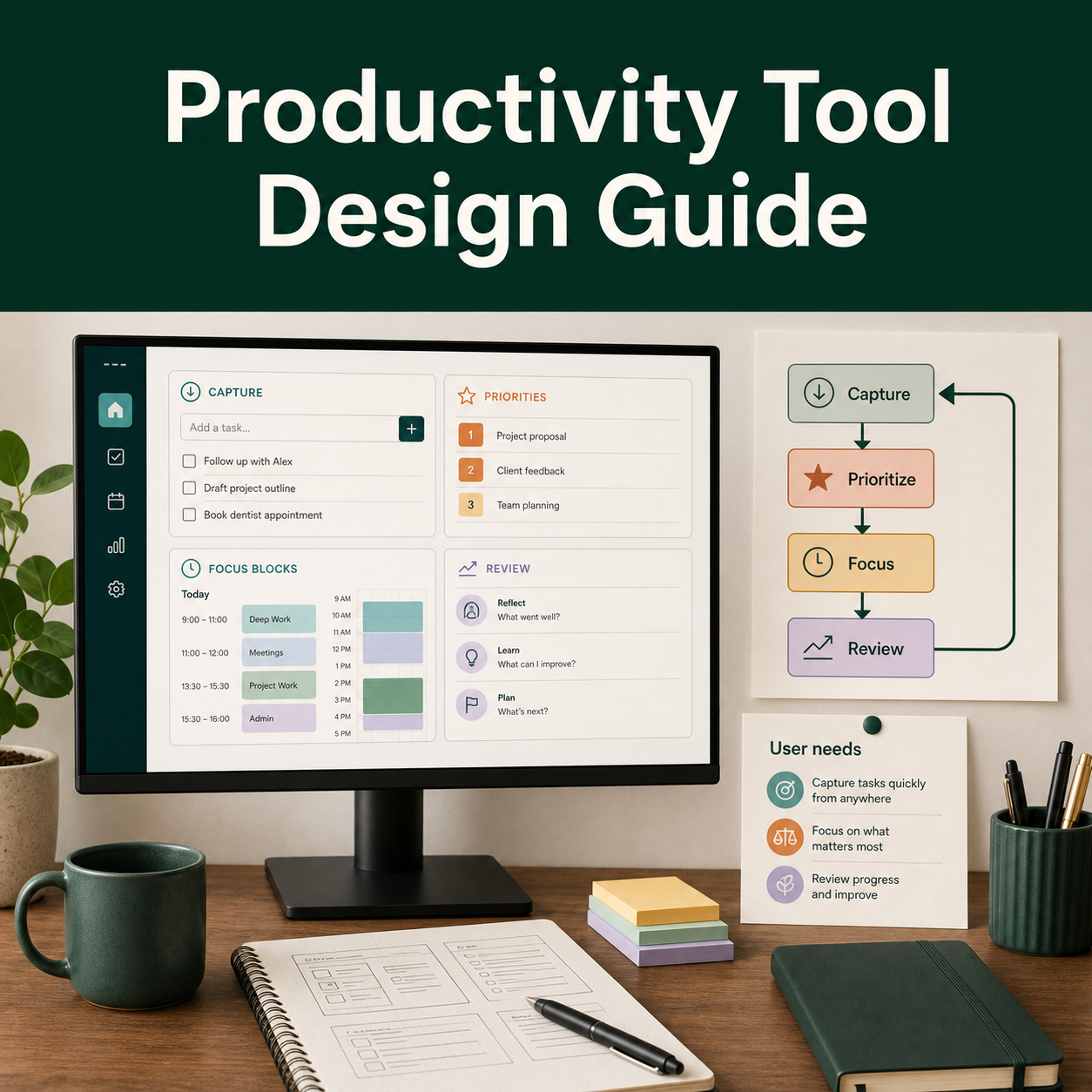 Illustrative productivity tool design workspace showing task capture, prioritization, focus blocks, review, and user needs.