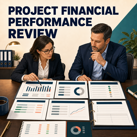 Project Financial Performance Review Toolkit cover showing a finance manager and project lead reviewing project performance.