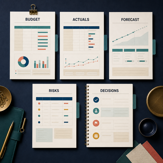 Project Financial Performance Review Toolkit contents overview illustrating budget, actuals, forecast, risks, and decisions.
