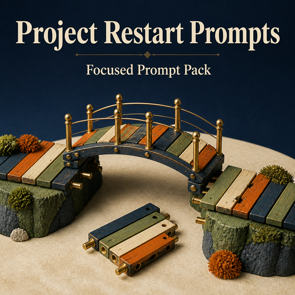 Project Restart Prompts | Focused Prompt Pack cover with a reconnecting bridge and project path