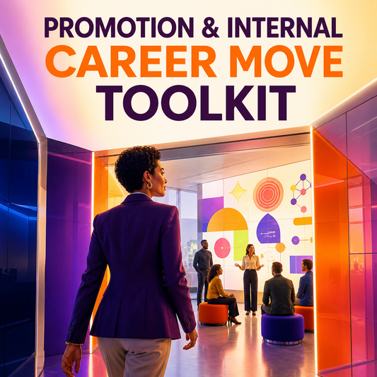 Promotion and Internal Career Move Toolkit cover showing a professional entering a colorful collaborative career presentation space