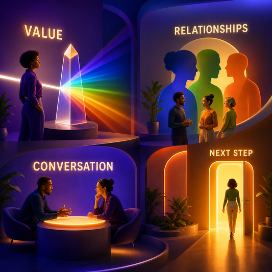 Promotion and Internal Career Move Toolkit supporting image showing value, relationships, conversation, and next-step themes.
