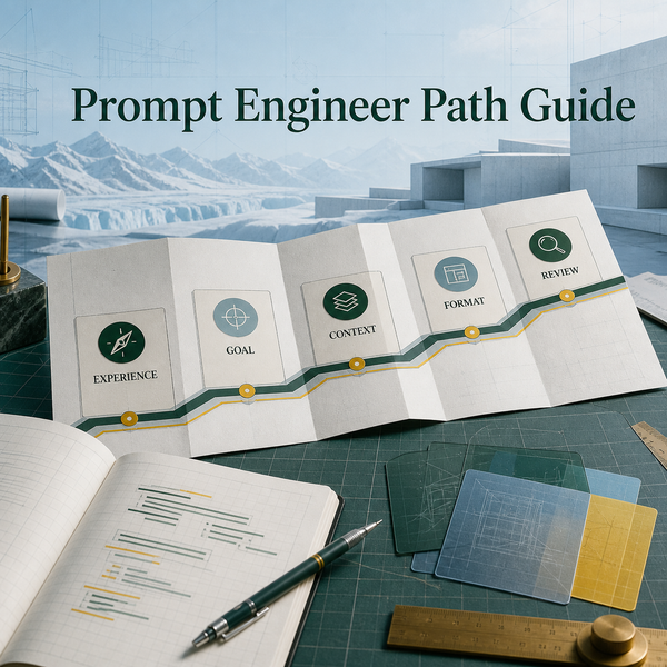 Prompt Engineer Path Guide cover showing a practical learning roadmap from experience and goals through context, format, and review.