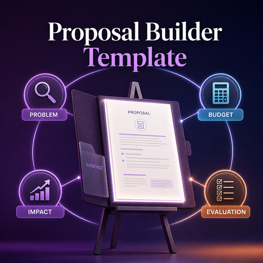 Proposal Builder Template cover showing a proposal folder with problem, budget, impact, evidence, and evaluation sections connected in a planning map.